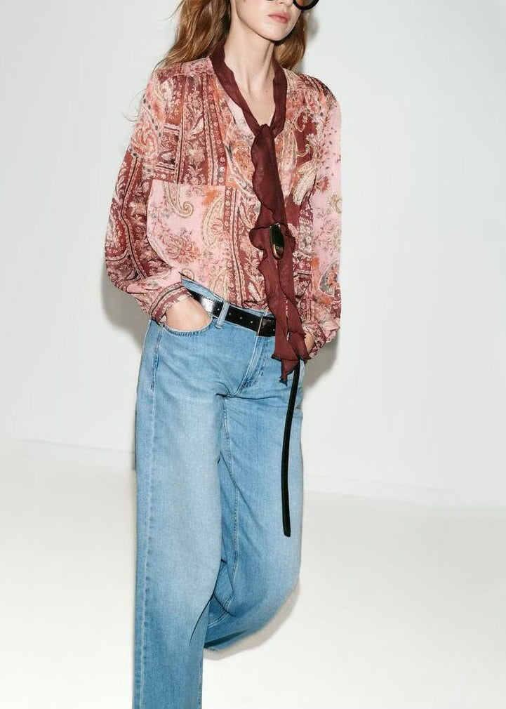 Women Pink Lace Up Draping Print Chiffon Blouses Long Sleeve