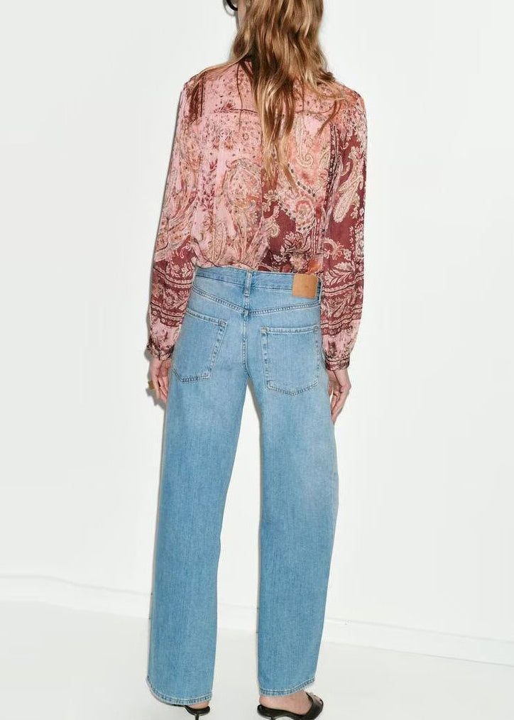Women Pink Lace Up Draping Print Chiffon Blouses Long Sleeve