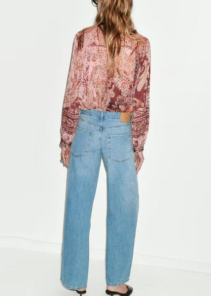 Women Pink Lace Up Draping Print Chiffon Blouses Long Sleeve