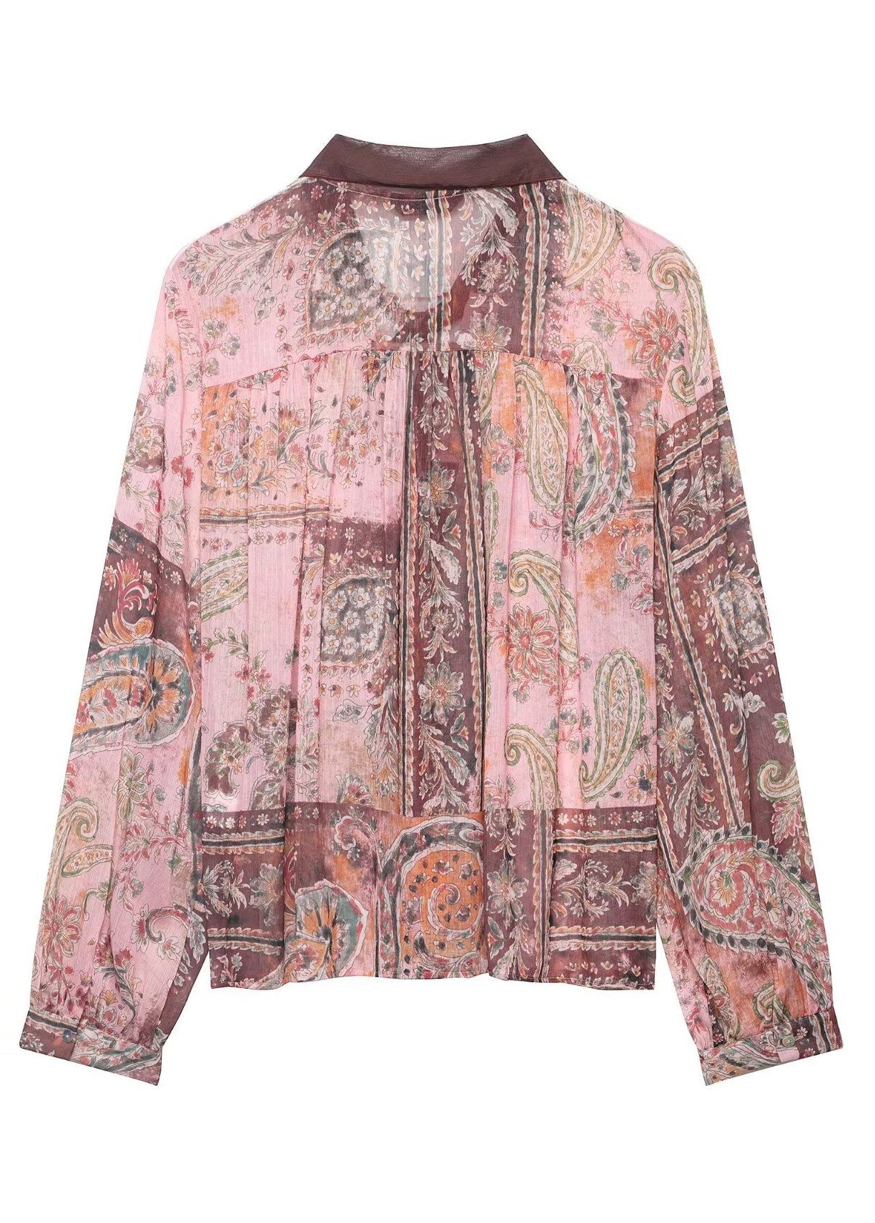 Women Pink Lace Up Draping Print Chiffon Blouses Long Sleeve