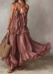 Women Pink Lace Up V Neck Ruffled Chiffon Holiday Dress Sleeveless