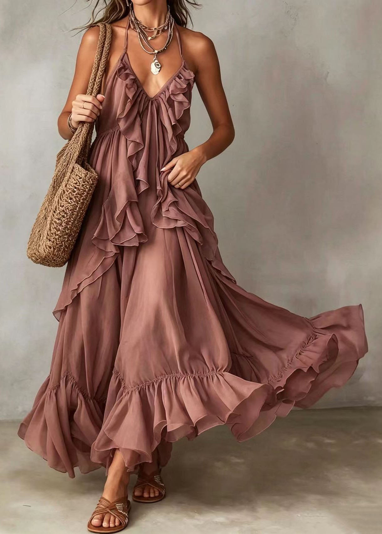 Women Pink Lace Up V Neck Ruffled Chiffon Holiday Dress Sleeveless