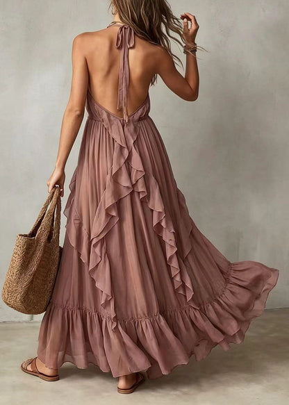 Women Pink Lace Up V Neck Ruffled Chiffon Holiday Dress Sleeveless