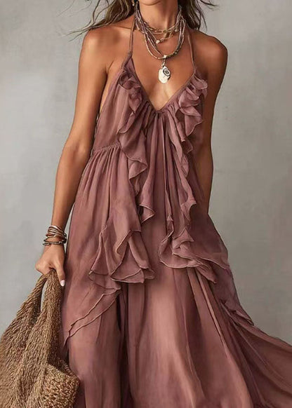 Women Pink Lace Up V Neck Ruffled Chiffon Holiday Dress Sleeveless