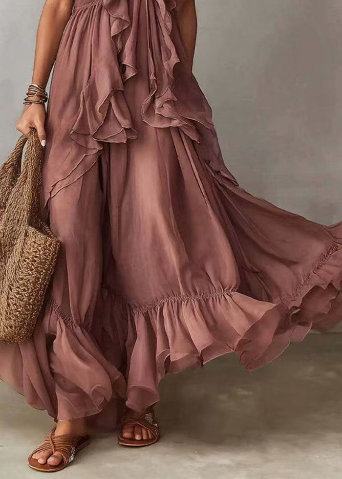 Women Pink Lace Up V Neck Ruffled Chiffon Holiday Dress Sleeveless