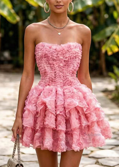 Women Pink Layered Floral Tulle Vacation Dress Sleeveless