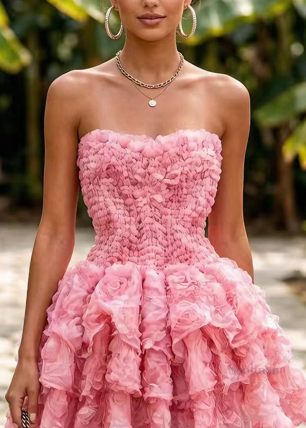 Women Pink Layered Floral Tulle Vacation Dress Sleeveless