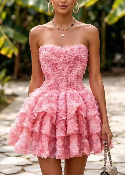 Women Pink Layered Floral Tulle Vacation Dress Sleeveless
