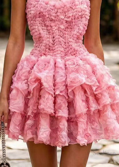 Women Pink Layered Floral Tulle Vacation Dress Sleeveless