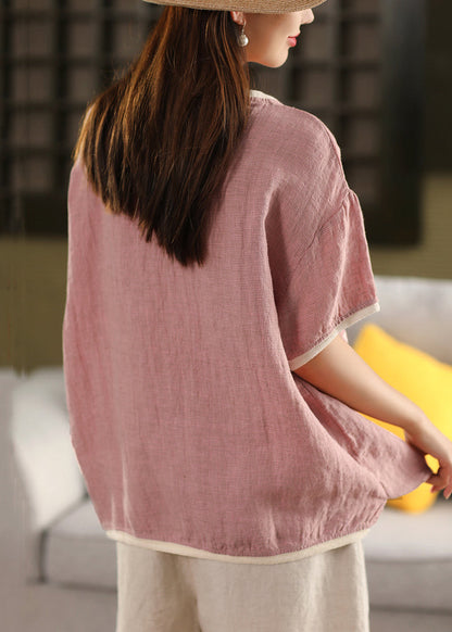 Women Pink O Neck Patchwork Linen T Shirts Summer