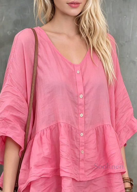 Women Pink O Neck Patchwork Loose Cotton Top Summer