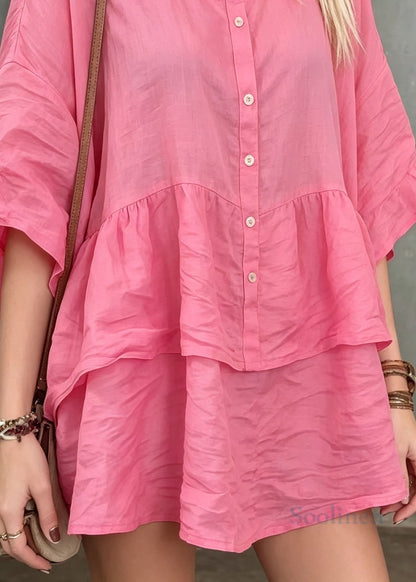 Women Pink O Neck Patchwork Loose Cotton Top Summer