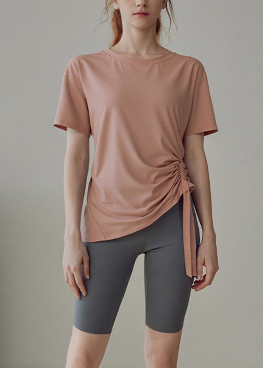 Women Pink O-Neck Short Sleeve Loose Yoga Tops