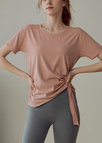 Women Pink O-Neck Short Sleeve Loose Yoga Tops