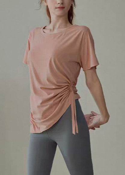 Women Pink O-Neck Short Sleeve Loose Yoga Tops