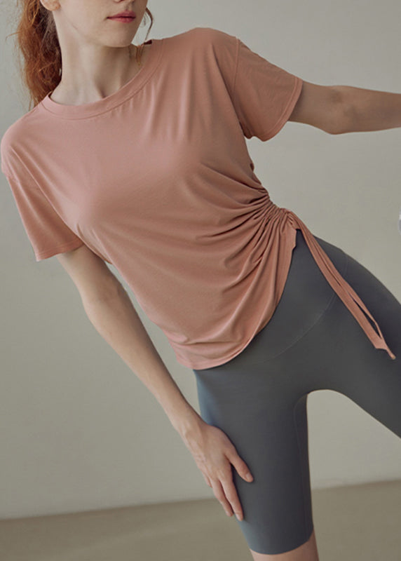 Women Pink O-Neck Short Sleeve Loose Yoga Tops