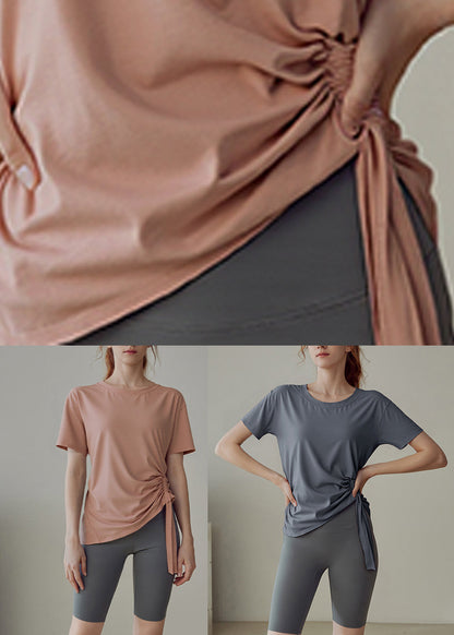 Women Pink O-Neck Short Sleeve Loose Yoga Tops