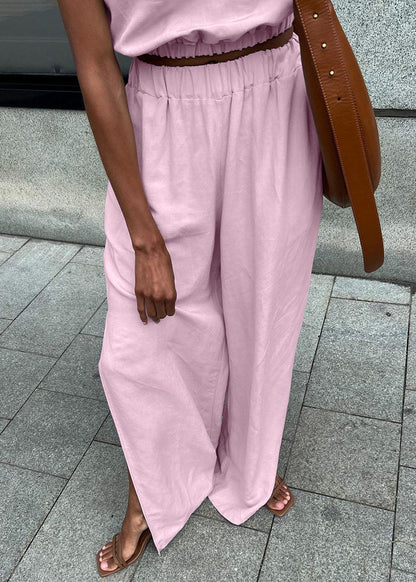 Women Pink O-Neck Side Open Linen 2 Piece Outfit Sleeveless