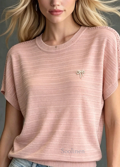 Women Pink O Neck Zircon Ice Silk Knit T Shirts Summer