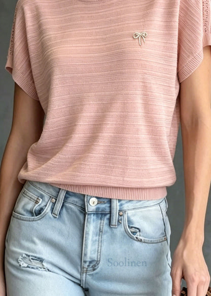 Women Pink O Neck Zircon Ice Silk Knit T Shirts Summer