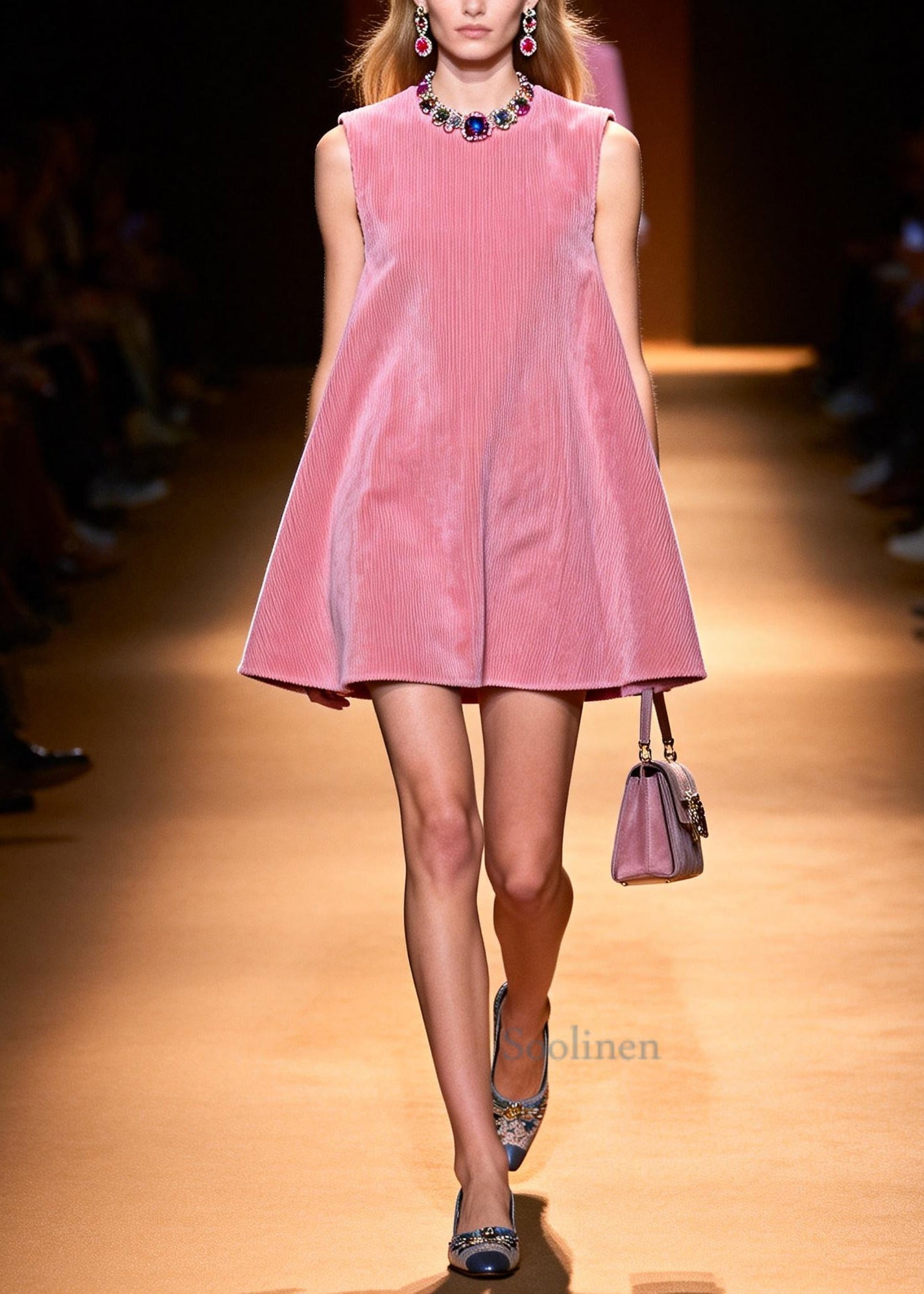 Women Pink Oversized Corduroy A Line Dress Sleeveless