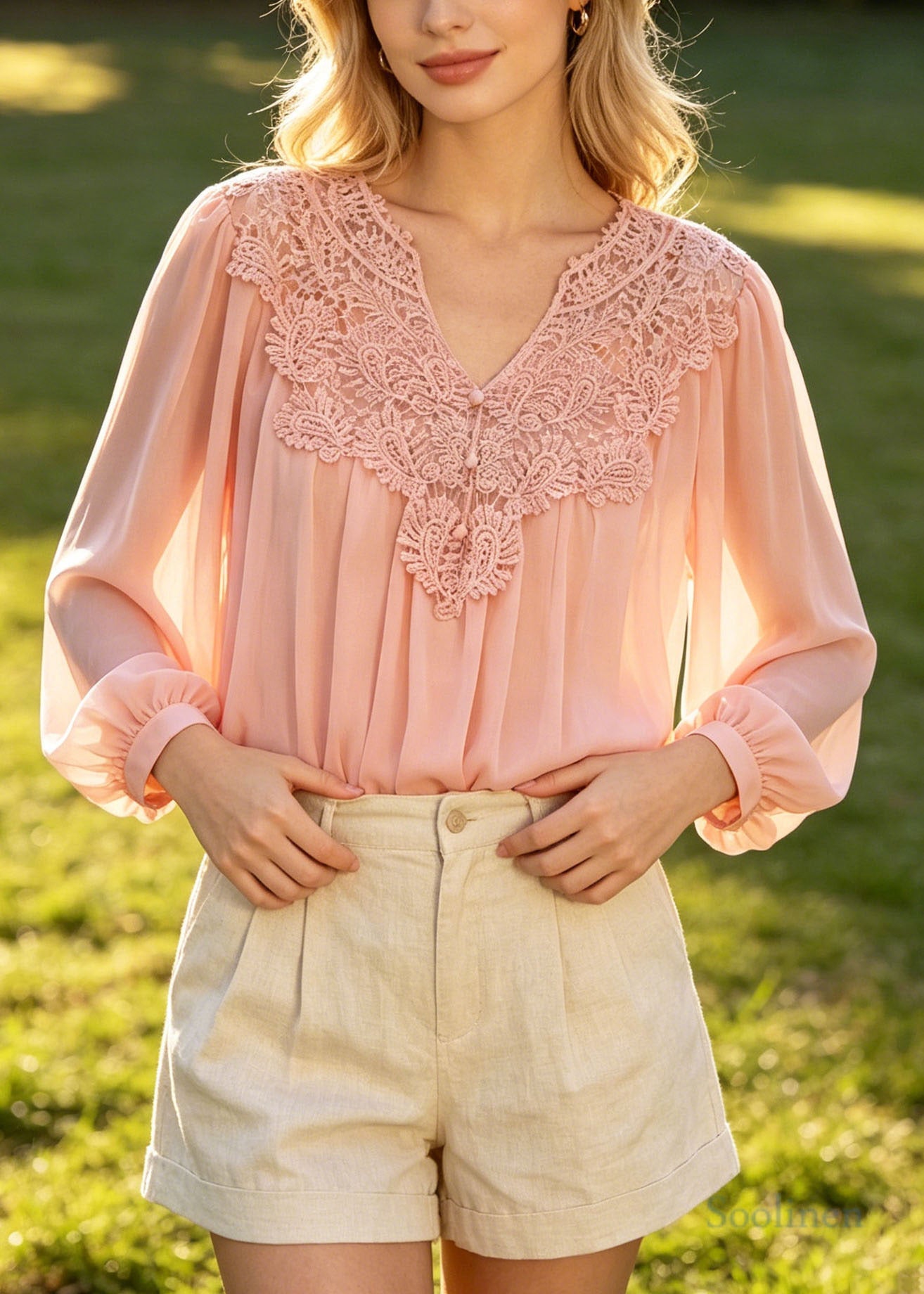 Women Pink Oversized Patchwork Lace Chiffon Blouses Summer