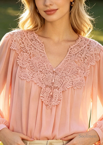 Women Pink Oversized Patchwork Lace Chiffon Blouses Summer