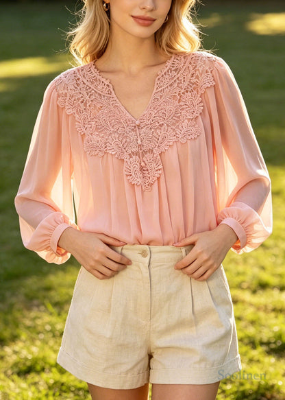 Women Pink Oversized Patchwork Lace Chiffon Blouses Summer