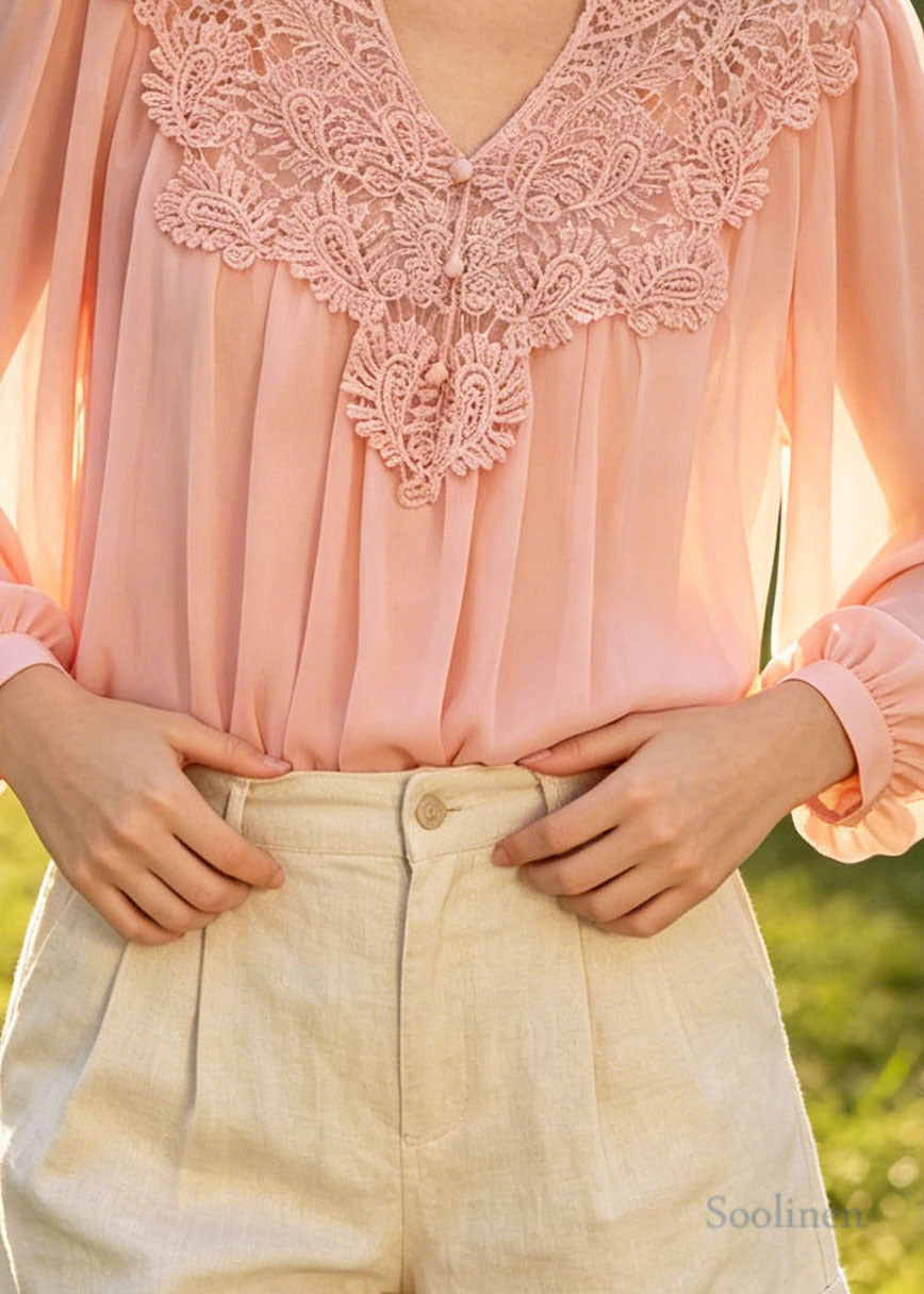 Women Pink Oversized Patchwork Lace Chiffon Blouses Summer