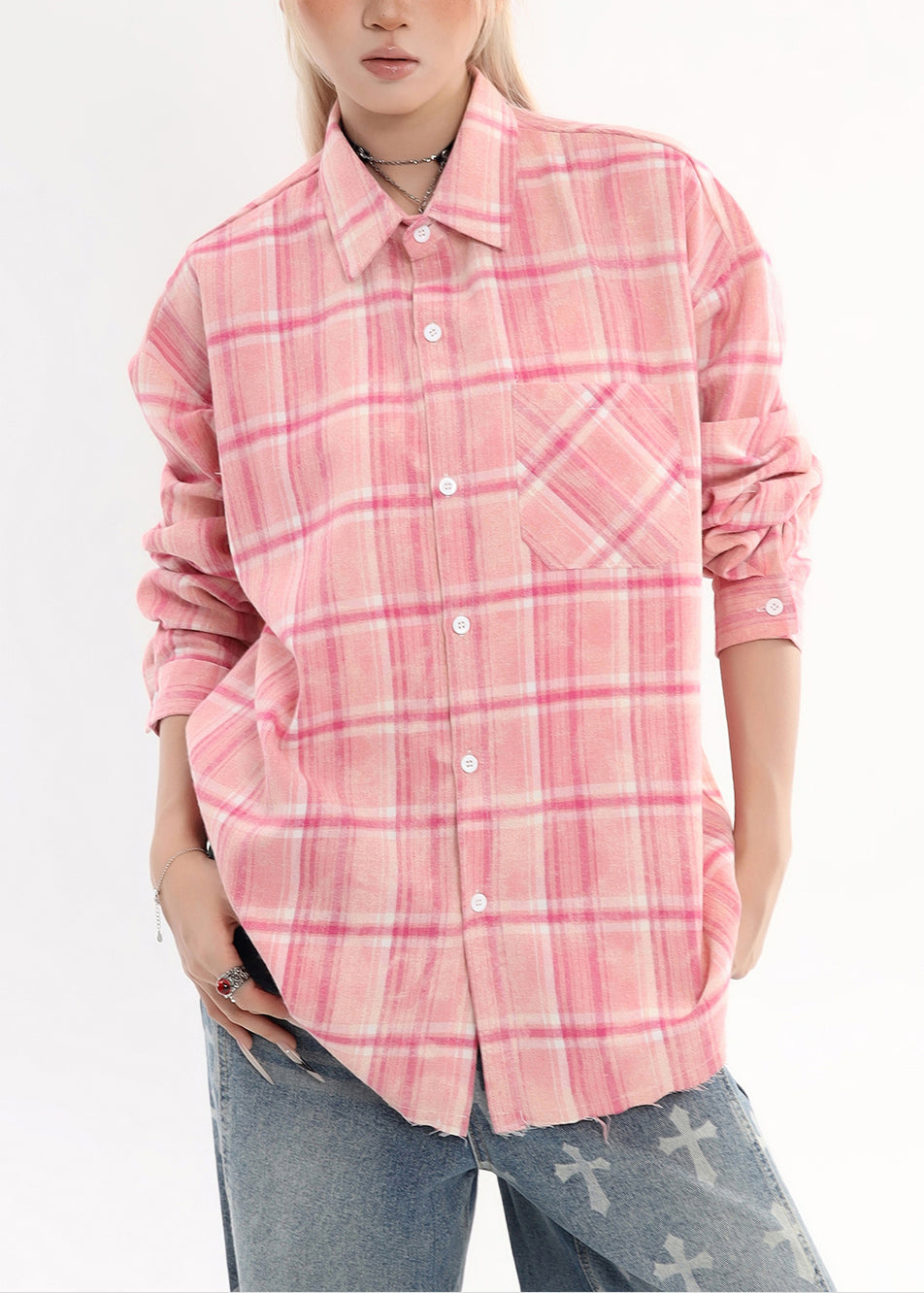 Damen Rosa Oversized Karohemd aus Baumwolle Frühling