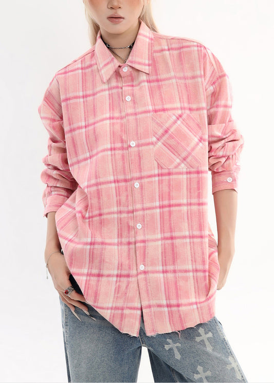 Camisa de algodón a cuadros rosa de gran tamaño para mujer, tops de primavera