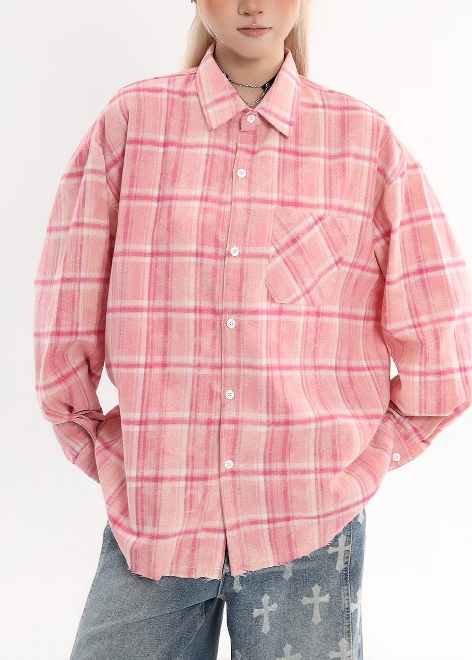 Damen Rosa Oversized Karohemd aus Baumwolle Frühling