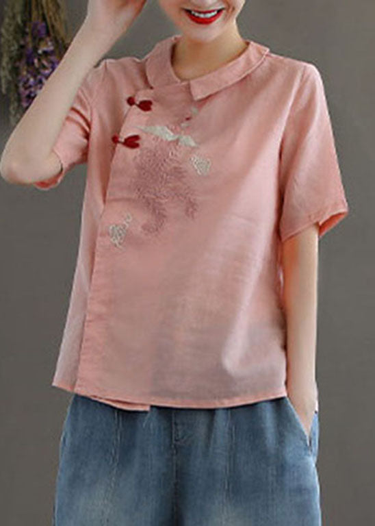 Frauen Rosa Peter Pan Kragen Bestickt Leinen Bluse Tops Frühling