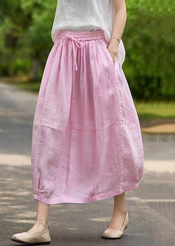 Women Pink Pockets Elastic Waist Linen Skirt Summer