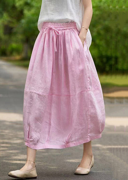 Women Pink Pockets Elastic Waist Linen Skirt Summer