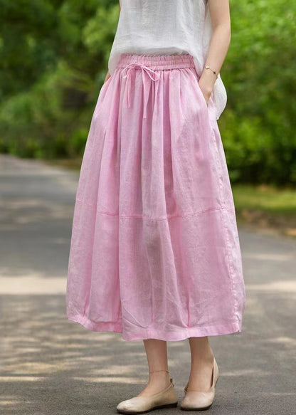 Women Pink Pockets Elastic Waist Linen Skirt Summer
