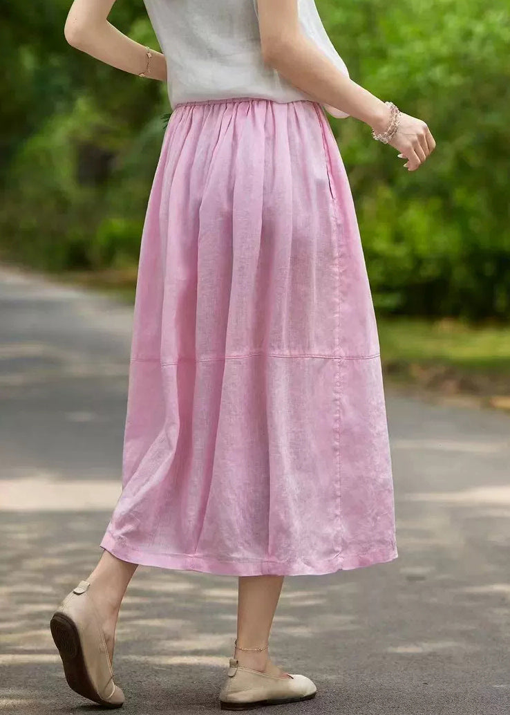 Women Pink Pockets Elastic Waist Linen Skirt Summer