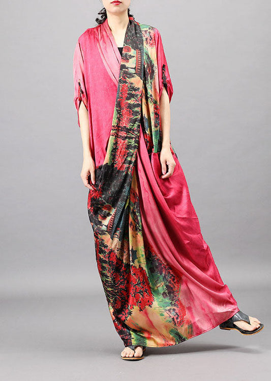 Frauen Rosa Taschen Print Patchwork Herbst Halbarm Kleid