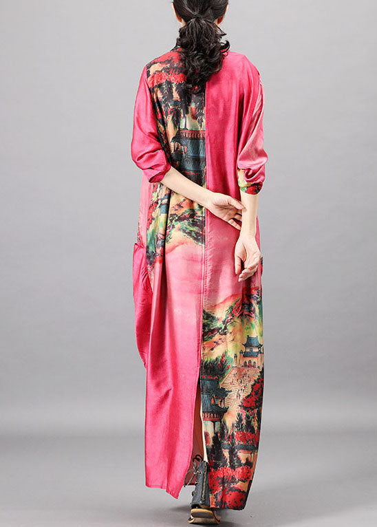 Frauen Rosa Taschen Print Patchwork Herbst Halbarm Kleid