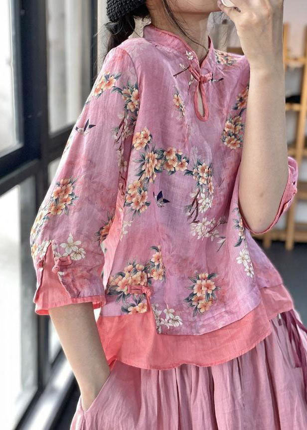 Frauen Rosa Print Patchwork Blusen Halbarm