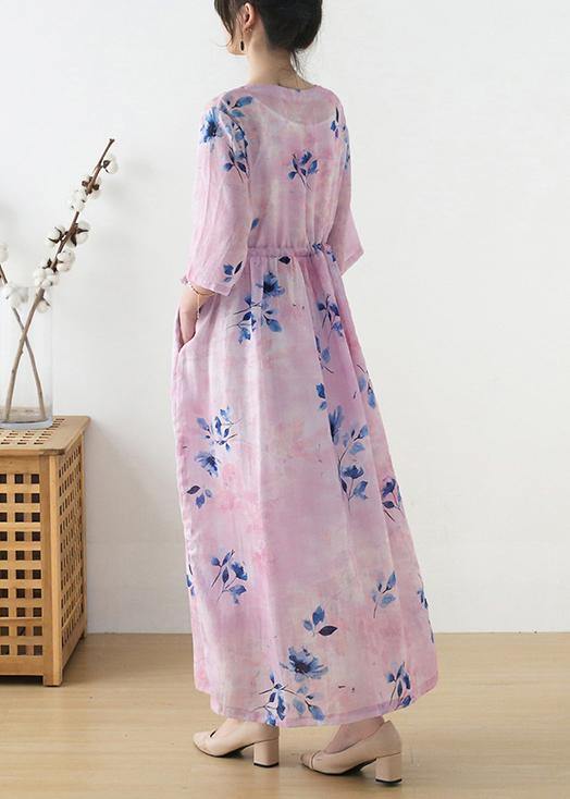 Women Pink Print Tie Waist Maxi Dresses Summer Ramie - SooLinen