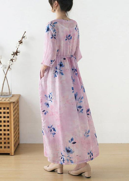 Women Pink Print Tie Waist Maxi Dresses Summer Ramie - SooLinen