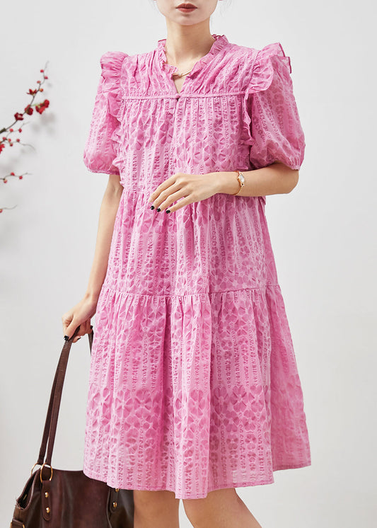 Frauen Rosa Puff Ärmel Rüschen Wrinkled Tag Kleid Sommer