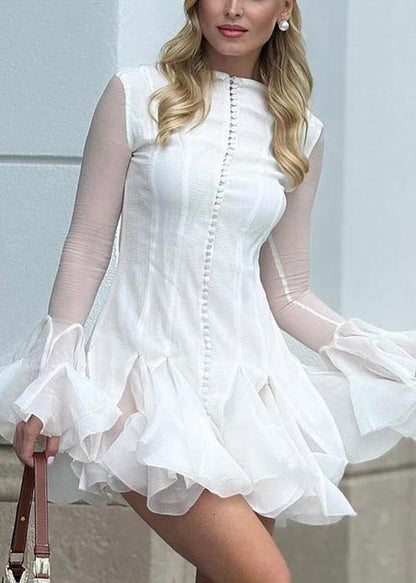 Women Pink Single Breast Mini Dress Flare Sleeve