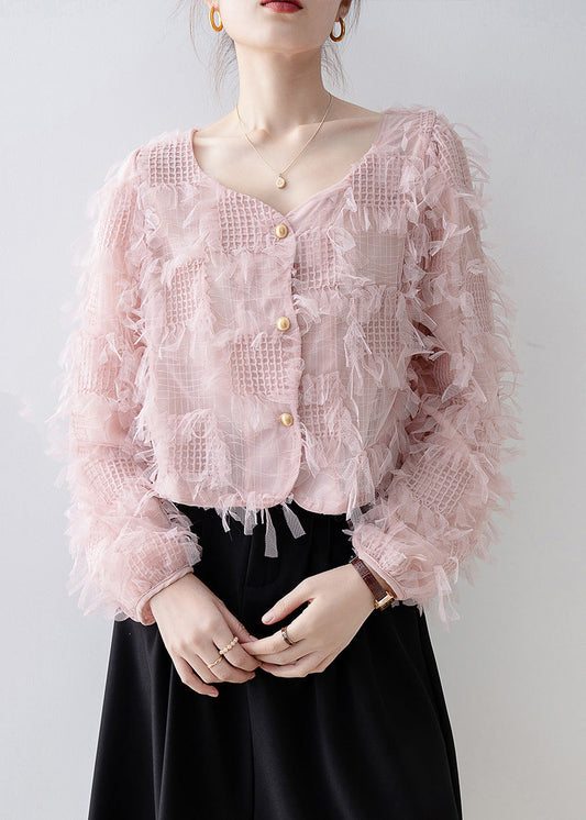 Women Pink Square Collar Tassel Patchwork Tulle Top Spring