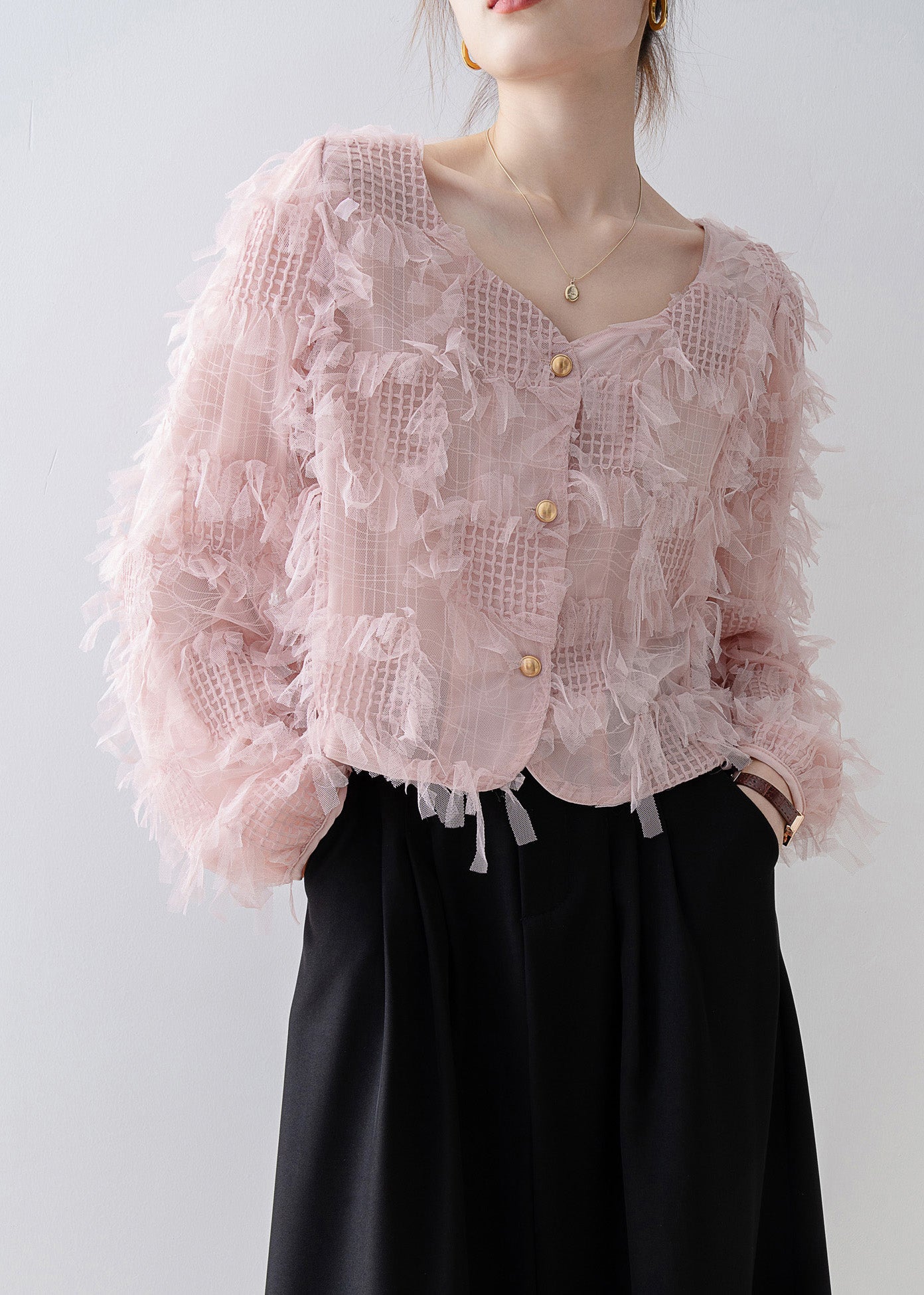 Women Pink Square Collar Tassel Patchwork Tulle Top Spring
