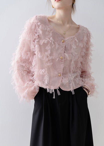 Women Pink Square Collar Tassel Patchwork Tulle Top Spring
