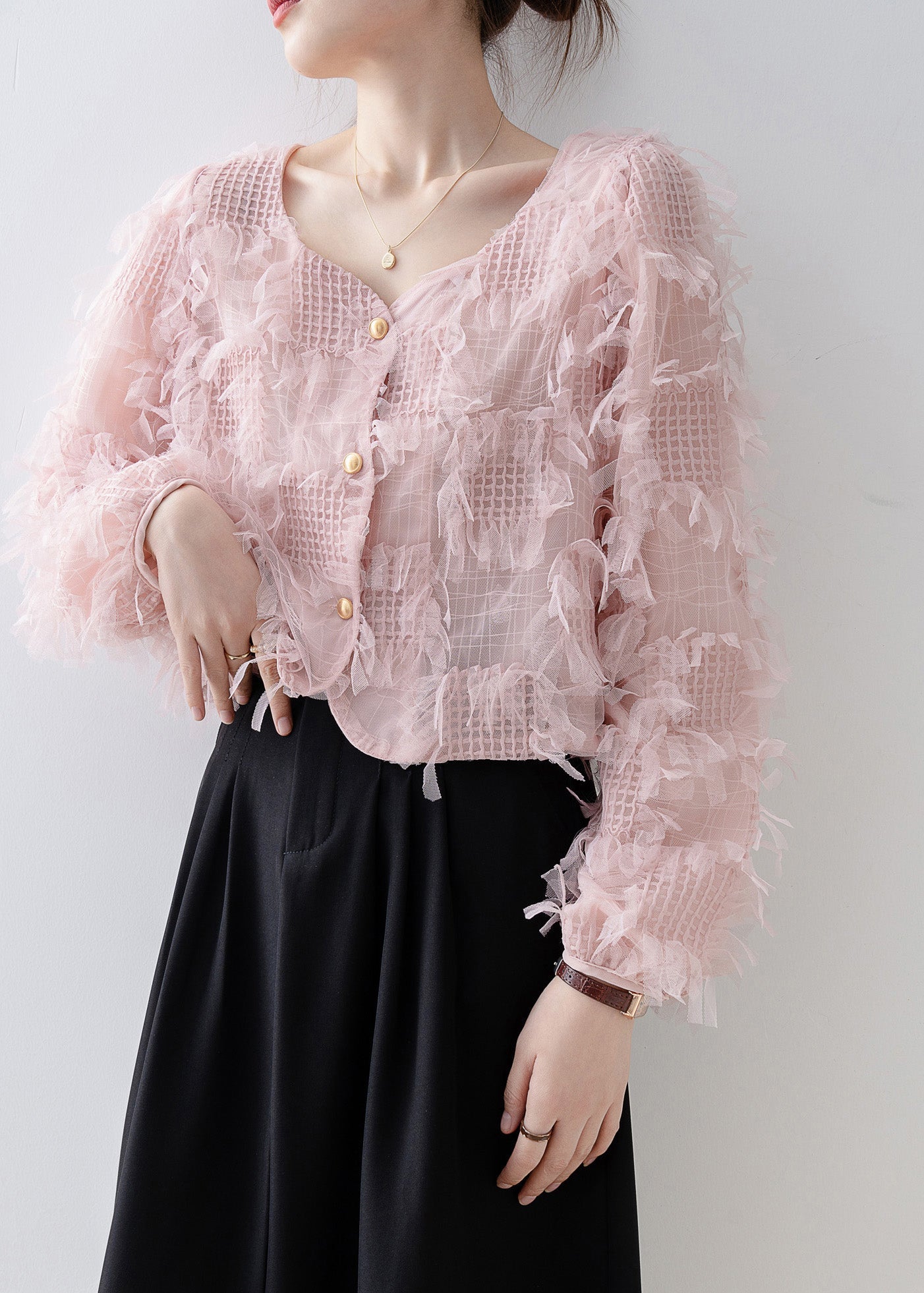 Women Pink Square Collar Tassel Patchwork Tulle Top Spring