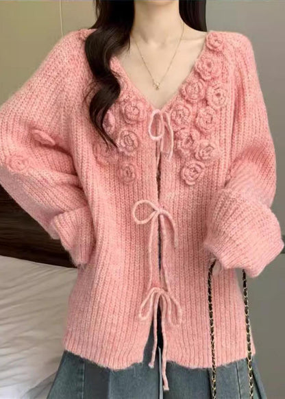 Women Pink Stereoscopic Floral Thick Knit Cardigan Fall