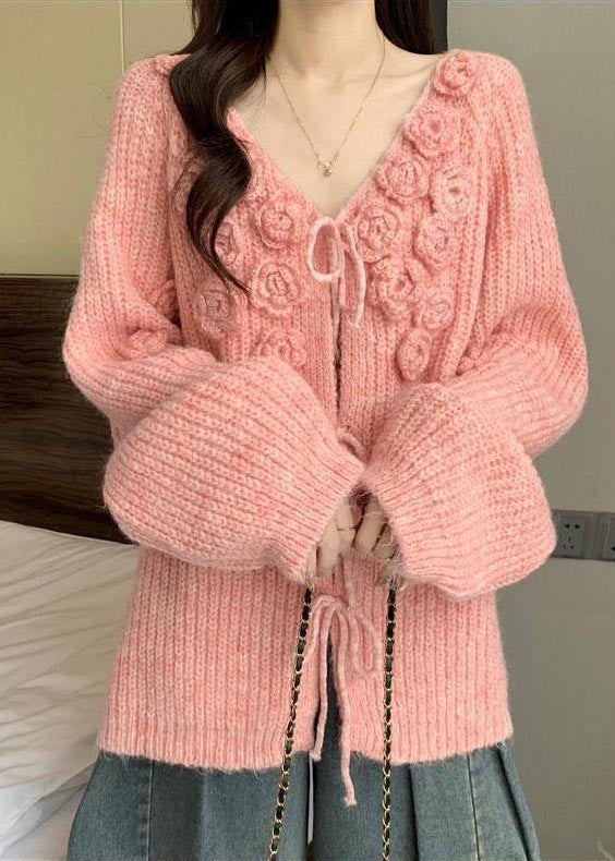 Women Pink Stereoscopic Floral Thick Knit Cardigan Fall